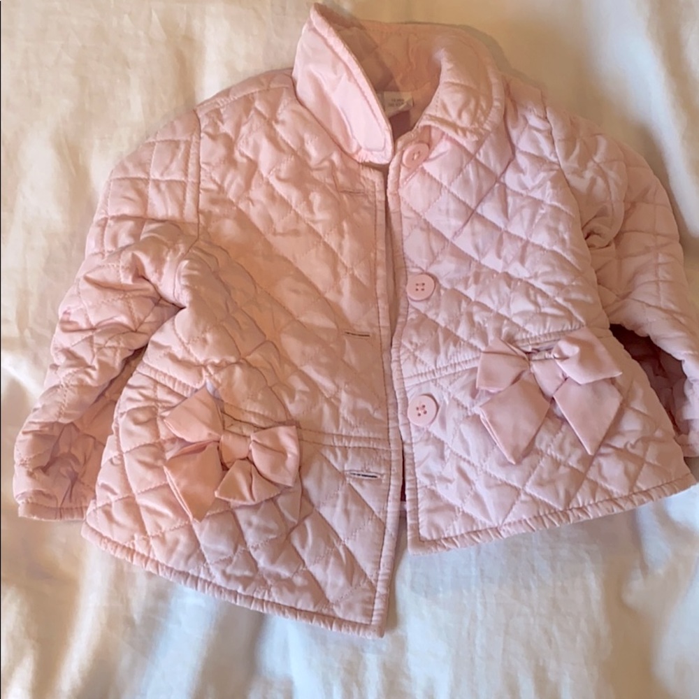 Girls 12mos light pink quilted jacket with bows
